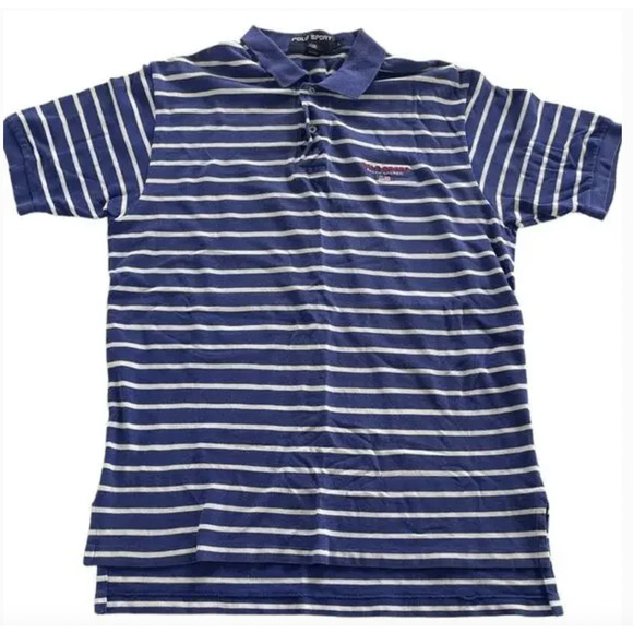 VINTAGE Polo Sport Ralph Lauren Polo Shirt Mens Large Blue Striped USA Flag 90s - Picture 1 of 7